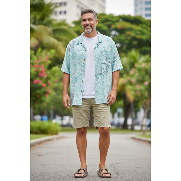 Van Heusen Air Men's Palm Frond Hawaiian Floral Short Sleeve Shirt Size 2XLT - Picture 1 of 5